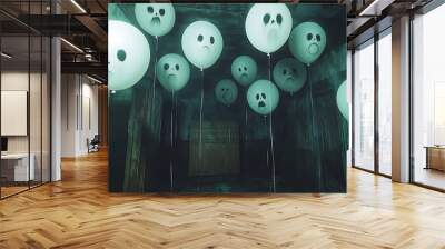 A dark, spooky room with white helium balloons floating above, each balloon showing different ghostly faces. The balloons sway gently in the air, casting eerie shadows across the walls and floor. Wall mural