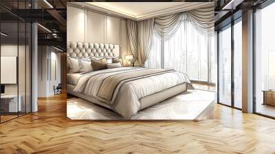 A detailed sketch of a luxury bedroom with a king-size bed, plush headboard, bedside tables, and large windows draped with elegant curtains, bathed in soft daylight. Clean lines, minimal decor, Wall mural