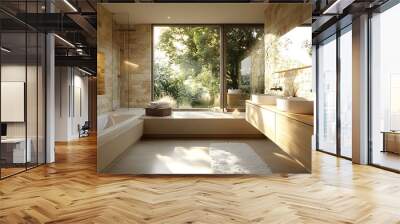 A sleek Scandinavian bathroom with natural stone walls, large windows, and minimalist decor. The light wood vanity and soft lighting create a bright and airy atmosphere, Wall mural