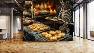 A spooky buffet with a life-sized skeleton standing behind it, holding a tray of creepy Halloween treats like witch finger cookies and spider cakes. The table is draped with dark, Wall mural