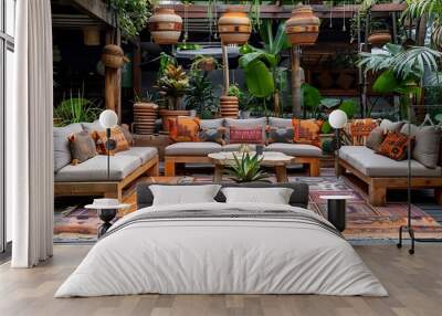 An eclectic patio with a mix of vintage and modern furniture, bold patterned textiles, diverse plants, colorful decor, and unique lighting, creating a vibrant and inviting outdoor space, hd quality, Wall mural