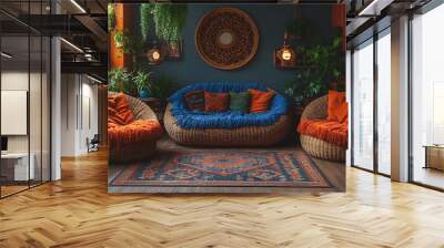 Bohemian living room featuring a mix of colorful, fringed throws draped over the furniture, creating a relaxed and warm atmosphere. The space includes rattan chairs, indoor plants, and soft lighting, Wall mural