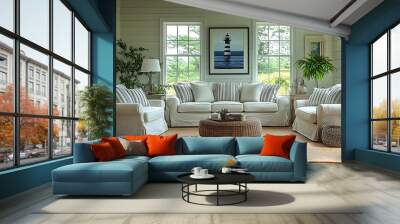 Coastal living room with classic Cape Cod style, featuring traditional furniture with striped upholstery, lighthouse-themed decor on the walls, and large windows bringing in soft natural light, Wall mural