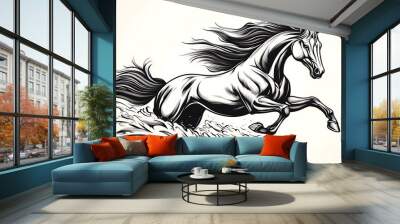 Elegant minimalist line art of a galloping horse, drawn with soft, flowing lines, mid-run on a clean white background, capturing speed and grace in motion, hd quality, fluid strokes, natural look. Wall mural