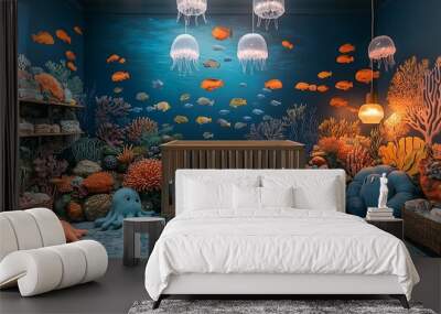 Ocean-inspired nursery featuring vibrant coral reefs and colorful fish murals, deep blue walls, jellyfish-shaped hanging lights, soft plush sea creature toys, wooden crib with ocean-blue bedding, Wall mural