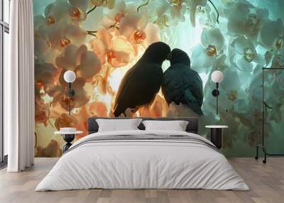 Romantic scene of lovebirds among orchids, petals softly framing their forms, warm light creating a peaceful atmosphere, intricate feather patterns and delicate orchid details, Wall mural