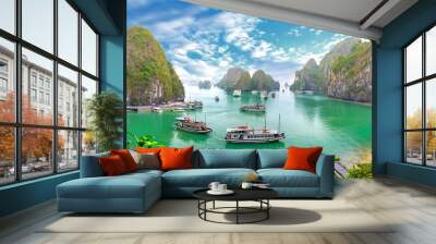 Beautiful landscape Halong Bay view from adove the Bo Hon Island. Halong Bay is the UNESCO World Heritage Site, it is a beautiful natural wonder in northern Vietnam Wall mural