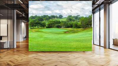 Dalat golf panorama sunny day with pine forests, vast lawns around the hill to create beauty when watching, golfing Wall mural