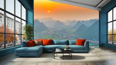 Landscape in Bac Son valley around with mountains panorama view and sunset sky in Lang Son, Vietnam Wall mural