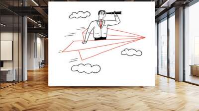 Businessman flying with paper plane using telescope Wall mural