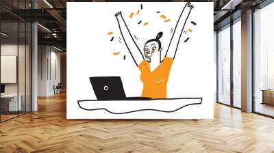 Portrait of an excited young girl with laptop Wall mural