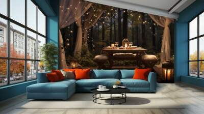 A captivating background showcasing a secluded forest clearing adorned with glowing fairy lights and a canopy of stars, perfect for intimate Valentine's Day gatherings or romantic esca - Generative AI Wall mural