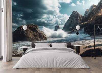 A dramatic rocky coastline with towering cliffs, waves crashing against the shore, and a distant storm on the horizon  Wall mural