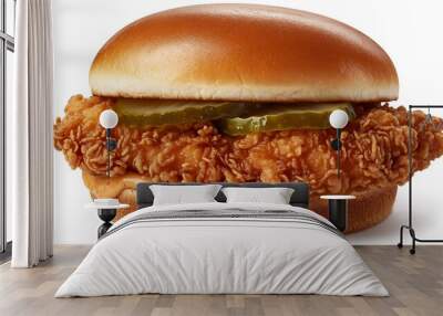 A fresh, crispy chicken sandwich with pickles and a spicy mayo sauce  Wall mural