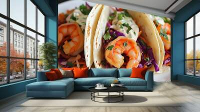 A fresh, zesty shrimp taco topped with lime crema and shredded cabbage Wall mural