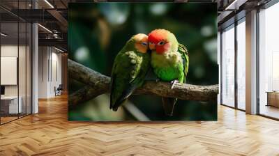 A pair of lovebirds nestled closely together on a tree branch Wall mural