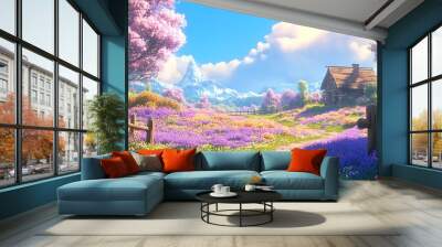 A serene rural view of vibrant lavender fields in full bloom
 Wall mural