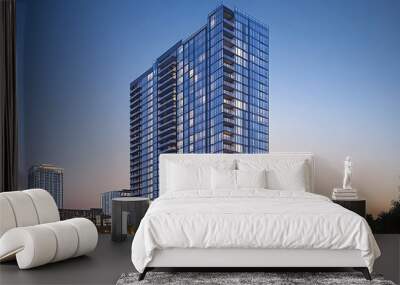 A sleek, high-rise residential building with a glass exterior, rooftop amenities, and a modern design Wall mural