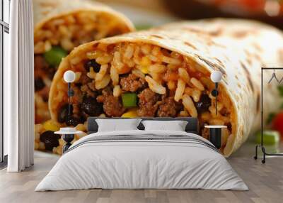 A spicy beef burrito stuffed with rice, beans, and melted cheese Wall mural