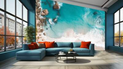 A stunning aerial view of a coastal paradise with crystal-clear waters and sandy beaches, providing space for text overlay against the pristine landscape - Generative AI Wall mural