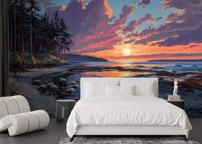 A tranquil beach at low tide, with tide pools full of colorful sea creatures, and the sun setting over the horizon Wall mural