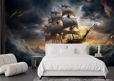 An ultra-realistic depiction of a sailing ship in the midst of a raging storm, turbulent seas and lightning strikes, capturing the intensity with intricate detail in a digital art form - Generative AI Wall mural