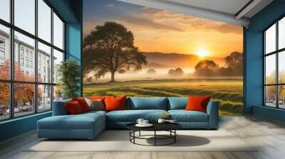 The tranquility and beauty of a sunrise over a peaceful countryside setting - Generative AI Wall mural