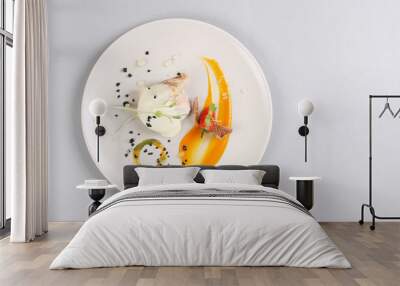 chicken breast with vegetables on a white plate. Wall mural