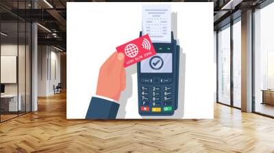 NFC concept. Landing page contactless payment. Non-cash payment transactions. Businessman is calculated by credit card. Pos terminal with keyboard. Financial transactions payment system. Vector design Wall mural