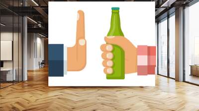 No alcohol. Man offers to drink holding a bottle of beer in hand. Stop alcohol. Hand gesture rejection. Vector illustration flat design. Isolated on background. Wall mural