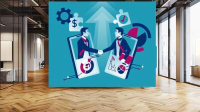 Online Agreement. Business partnership concept. Two businessmen in handshake. B2B solution. Professional marketing. Vector illustration flat design on background. Modern technologies for solutions. Wall mural