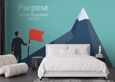 Purposeful businessman with flag in hand. Beginning of way to achievement of goal. Standing in front climb to mountain. Purpose concept. Vector illustration flat design. Aspirational people. Mission Wall mural