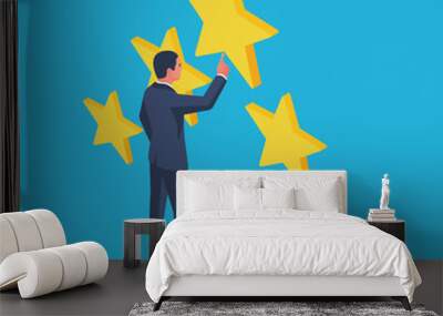 Star rating vector illustration isometric design. Feedback concept. Evaluation system. Positive review.  Isolated on white background. Quality work. Businessman puts five stars. Wall mural