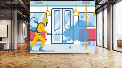 Worker in protective suit disinfects empty subway car. City public transport. Vector illustration flat design. Stop covid-19. Prevention coronavirus. Disinfection and cleaning. Antibacterial washing. Wall mural