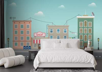 Day city urban landscape. Small town vector illustration in flat style. Wall mural