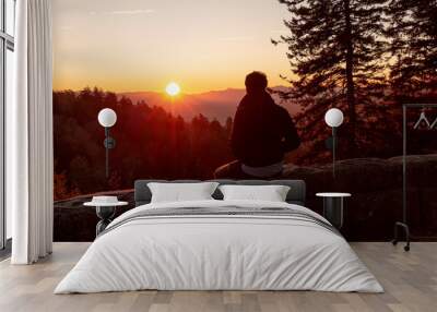 silhouette of man in sunset,Great Smoky Mountains, autumn sunrise Tennessee Wall mural