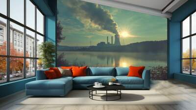 Industrial power plant with thick CO2 smoke from chimney. Pollution and carbon dioxide emissions footprint from fossil fuel burning. Global warming cause and urban environment problem from factories. Wall mural