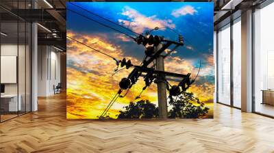 high voltage post.High-voltage tower sky background. Wall mural