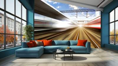 two modern high speed train with motion blur Wall mural