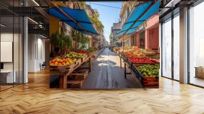 A busy colorful street market with fresh produce. Fruit and vegetable stalls in traditional street market Wall mural