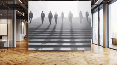 A team of business people walking down the stairs in formation Wall mural