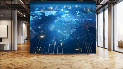 Blue digital world map with glowing network lines and data points, ideal for global communication and information technology themes Wall mural