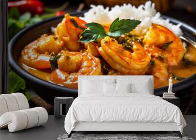 Coconut shrimp curry served with rice, creamy shrimp curry Wall mural