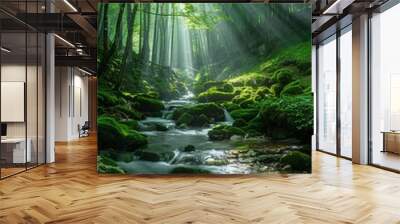 Forest creek at dawn, sunbeams spotlighting smooth rocks and flowing water, lush green vegetation Wall mural