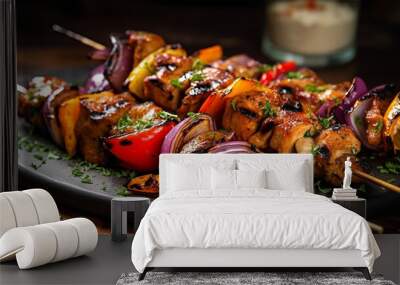 Grilled chicken skewers with colorful bell peppers Wall mural