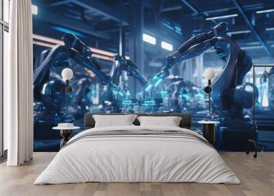 Industrial robot arms manufacturing in a factory, robot production line Wall mural