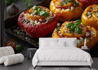 Oven-roasted stuffed bell peppers with quinoa, feta cheese, pine nuts, and basil Wall mural