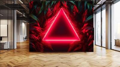 Red triangle neon light, tropical jungle floral background Wall mural