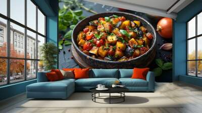 Roasted Vegetable Ratatouille with Eggplant, Zucchini, and Tomatoes in Rustic Bowl on Dark Table Wall mural