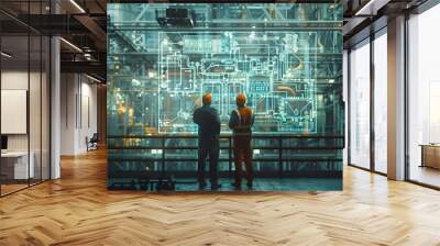 Two industrial engineers in hard hats examining a digital blueprint on a futuristic screen in a high-tech factory setting with complex machinery Wall mural